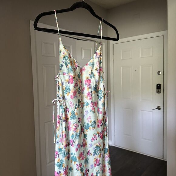 ZARA Romantic Floral Print Midi Side-Tie Satin Slip Dress XS Baby Blue - Picture 2 of 13